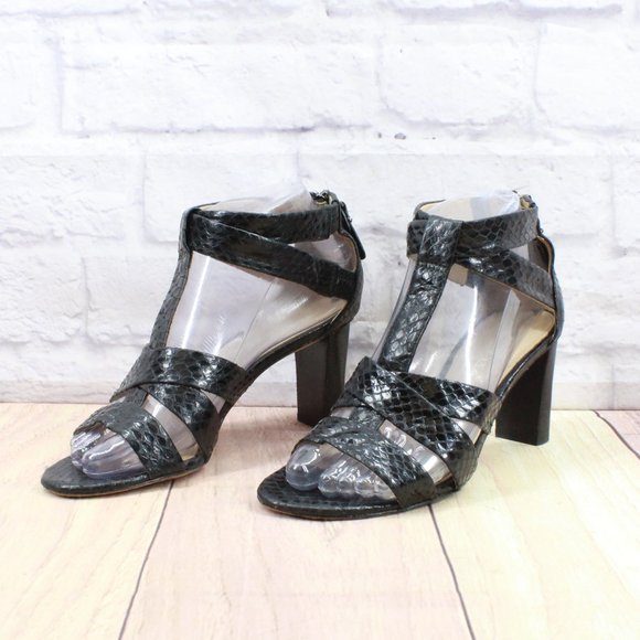 Via Spiga Black Snakeskin Patent Leather T Strap Heeled Sandals 6 M - Picture 2 of 11